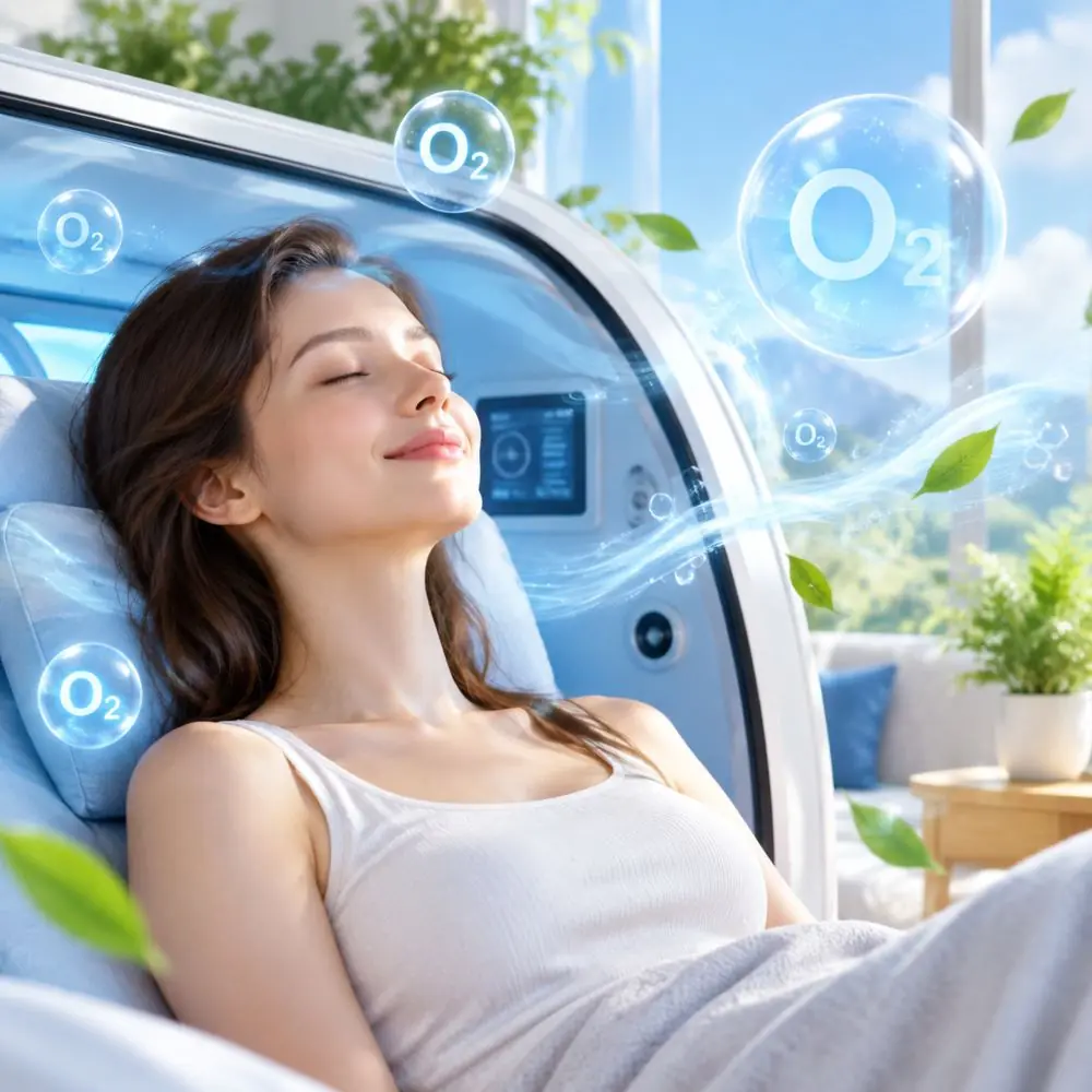 Woman relaxing in a Fineyoer hyperbaric oxygen chamber